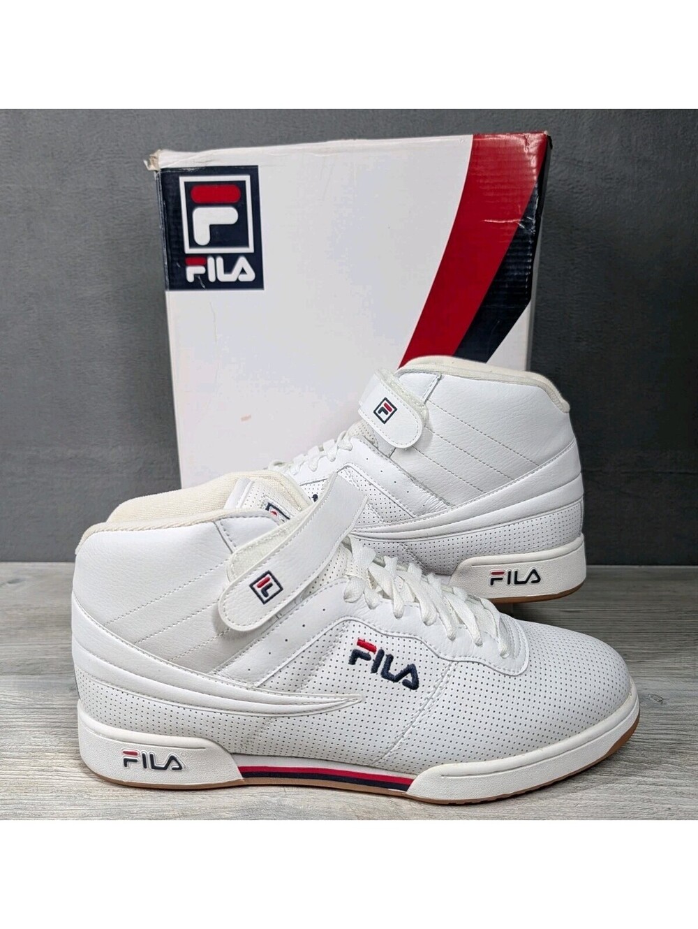 Fila Mens 12 White Navy Red F13 Perf Leather High Top Retro Sneakers Gum Trainer